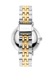 Montre en acier inoxydable argent et or avec un bracelet à maillons, dotée d'un boîtier rond et d'une finition polie. Logo de la marque gravé sur le fermoir.