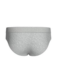 Gray cotton brief with a smooth texture, featuring a simple elastic waistband and a fitted design, view from the back.