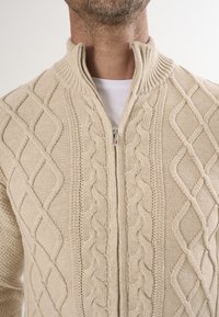 Maglione lavorato a maglia di colore crema con colletto alto con zip, caratterizzato da motivi a trecce e punti testurizzati per un tocco di dettaglio in più.