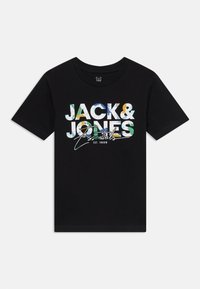 Black t-shirt with "JACK & JONES" and "Essentials" printed in colorful letters, featuring a casual and modern design.