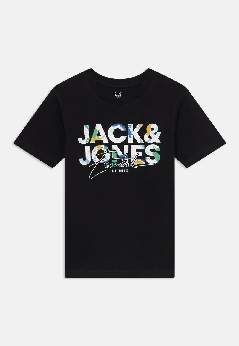 Black t-shirt with "JACK & JONES" and "Essentials" printed in colorful letters, featuring a casual and modern design.