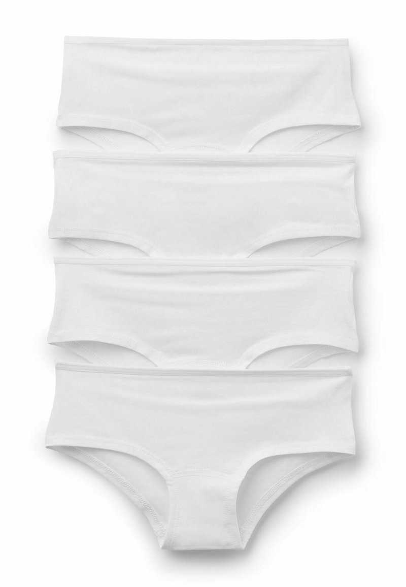 Pacchetto di quattro slip bianchi in cotone, con una texture liscia, vita elasticizzata e un taglio base senza fantasie o decorazioni.