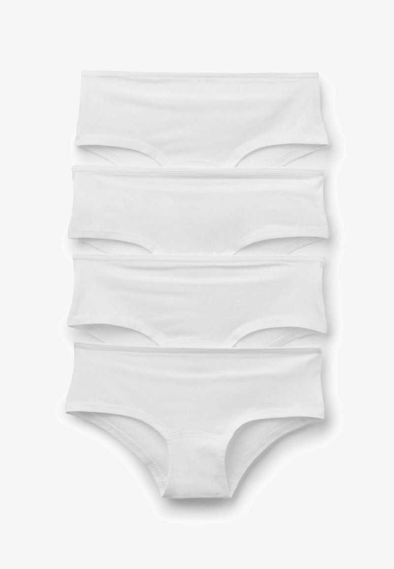 Lot de quatre slips en coton blanc, avec une texture lisse, une taille élastique et une coupe basique sans motifs ni embellissements.