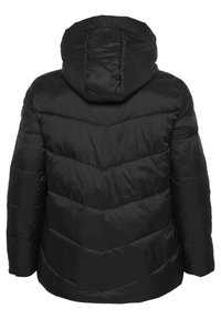 Giacca a vento nera con cappuccio, caratterizzata da un design a rombi, texture liscia e dettaglio elastico lungo il collo.