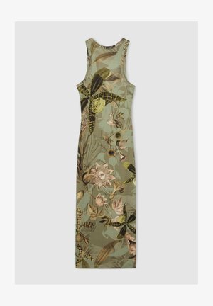 Green floral midi dress featuring a fitted shape, sleeveless design, and a variety of botanical patterns in shades of green, pink, and cream.