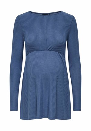 Blaues, geripptes Umstandsoberteil mit langen Ärmeln, enger Brustpartie und ausgestellter Taille für Dehnbarkeit und Komfort.