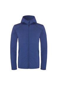 Blue, zip-up jacket with a hood, made of smooth, lightweight fabric. Features side pockets and a fitted design with seam accents.