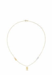 Zlata verižica z obeski v obliki treh ribjih kosti v zlati in srebrni barvi, z nežno, gladko teksturo in varnim zaponkom.