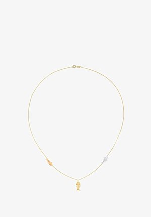 Ogrlica od zlatnog lanca s tri privjeska u obliku ribljih kostiju u zlatu i srebru, s nježnom, glatkom teksturom i sigurnim kopčom.