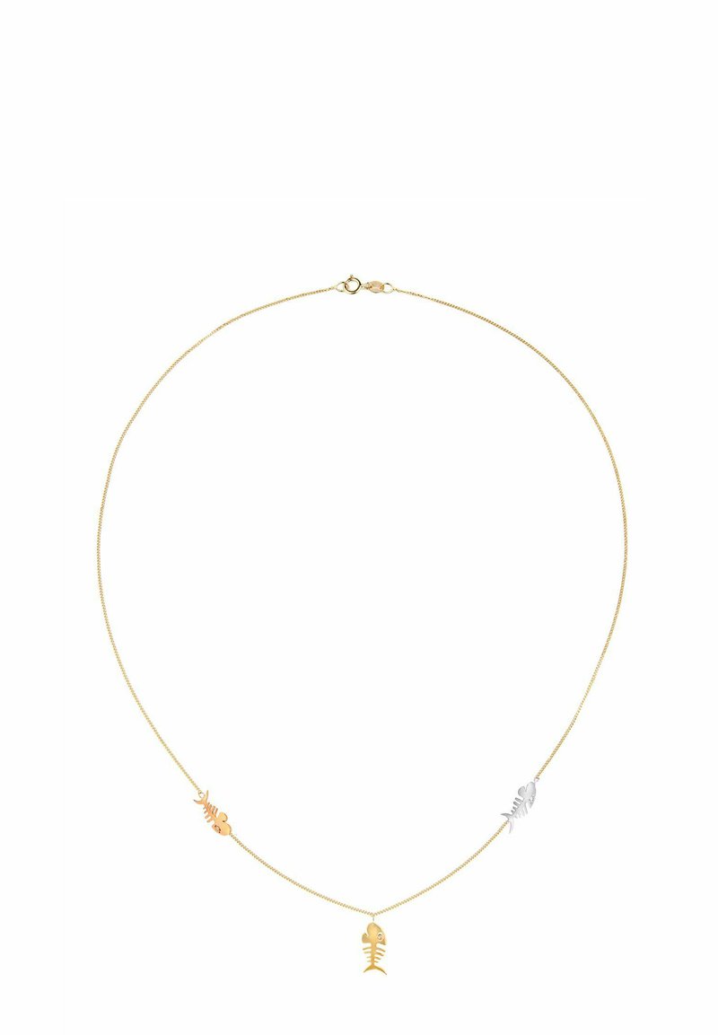 Zlata verižica z obeski v obliki treh ribjih kosti v zlati in srebrni barvi, z nežno, gladko teksturo in varnim zaponkom.