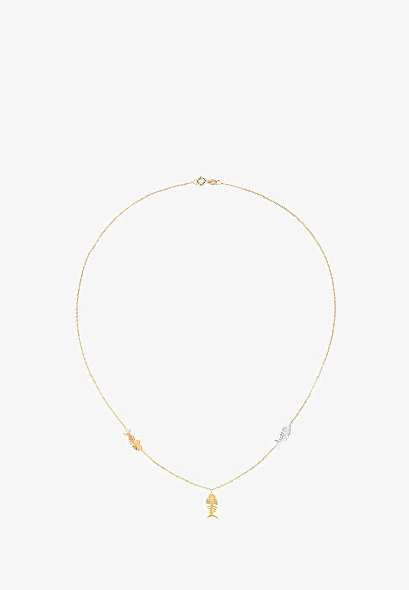 Zlata verižica z obeski v obliki treh ribjih kosti v zlati in srebrni barvi, z nežno, gladko teksturo in varnim zaponkom.