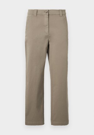 Kaki bomull chinos med rette ben, med en frontknapp, sidelommer og en jevn tekstur. Ingen synlige mønstre eller detaljer.