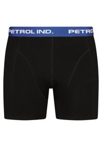 Svarta boxerkalsonger med en blå elastisk midjeband som har texten "PETROL IND." i vit. Slät textur med kontrasterande sömmar.