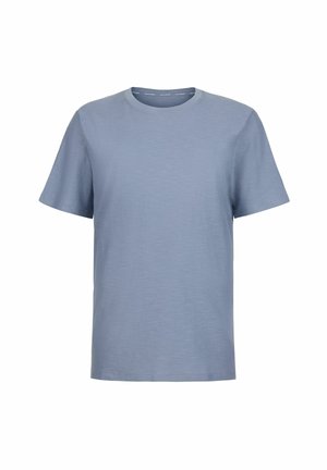 Helles blaues T-Shirt mit kurzen Ärmeln, aus strukturiertem Stoff. Rundhalsausschnitt mit einem einfachen, klaren Schnitt und ohne sichtbare Muster oder Akzente.