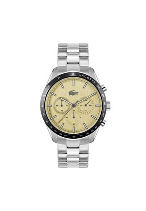 Montre chronographe en acier inoxydable avec un cadran texturé jaune, une lunette noire et des accents argentés. Comprend trois sous-cadrans et un détail de logo.