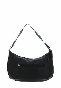 Sac à main en cuir noir avec une forme incurvée, fermeture éclair supérieure et une poche zippée extérieure. Caractérisé par une texture lisse et une bandoulière réglable.