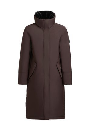 Brown long coat with a high collar, made of smooth fabric, featuring a fleece-lined interior, side pockets, and a button accent.