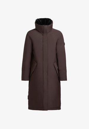 Brown long coat with a high collar, made of smooth fabric, featuring a fleece-lined interior, side pockets, and a button accent.