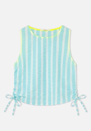 Haut sans manches bleu clair à motif rayé vertical, avec tissu texturé et liens latéraux réglables, bordé d'une finition jaune néon.