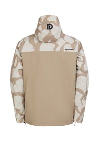 Beige-weiße Camouflage-Jacke mit Kapuze, großem Logo auf dem Rücken, elastischen Bündchen und Reißverschlusstaschen. Glattes, leichtes Material.