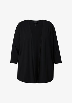 Sort åben cardigan med trekvartærmer, løs pasform og rundet kant, vist på en hvid baggrund.