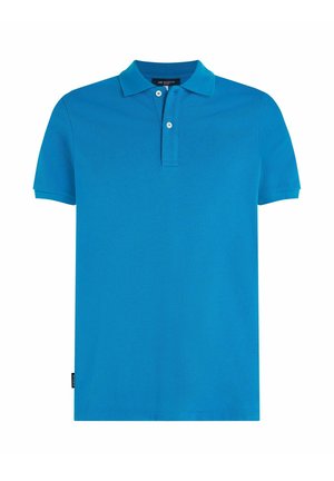 Felblauw poloshirt met korte mouwen, twee witte knopen en een kraag, weergegeven tegen een witte achtergrond.