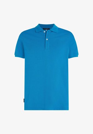 Felblauw poloshirt met korte mouwen, twee witte knopen en een kraag, weergegeven tegen een witte achtergrond.