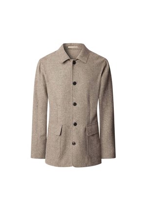 Brown wool blend jacket with a collar, front button closure, two front pockets, and long sleeves. Textured fabric with subtle patterns.