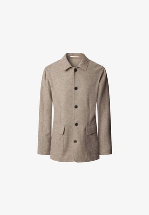 Braune Wollmischung Jacke mit Kragen, Frontknopfverschluss, zwei Vorderseiten-Taschen und langen Ärmeln. Texturierter Stoff mit dezenten Mustern.
