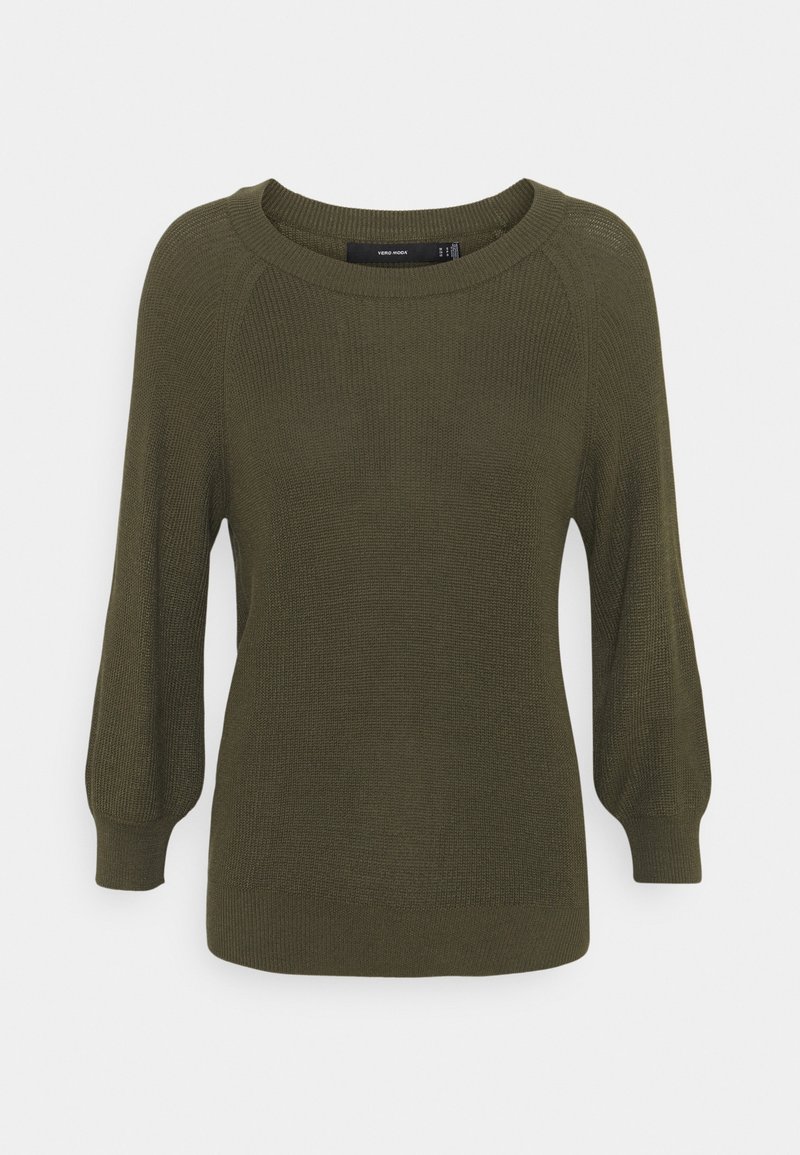 Pull en maille vert olive avec col rond et manches longues bouffantes, présenté sur un fond blanc.