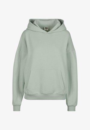 Hellgrüner Hoodie mit Kängurutasche, gerippten Manschetten und Saum sowie einer großen verstellbaren Kapuze. Hergestellt aus weichem, bequemem Stoff.