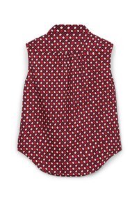 Camicia senza maniche a motivo rosso e blu navy con colletto, caratterizzata da un design a rombi e dettagli plissettati sul retro. L'orlo è curvo.