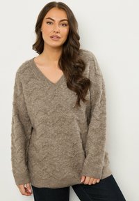 Sweter z dekoltem w serek i długimi rękawami, wykonany z miękkiej, teksturowanej przędzy w kolorze taupe, z wzorem w zygzaki i prążkowanymi mankietami. W zestawieniu z ciemnymi dżinsami.