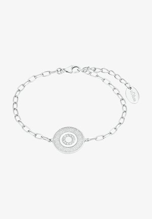 Zilveren armband met een ornamentale ronde hanger met ingewikkelde patronen en een centrale steen, bevestigd met een kreeftsluitingen.