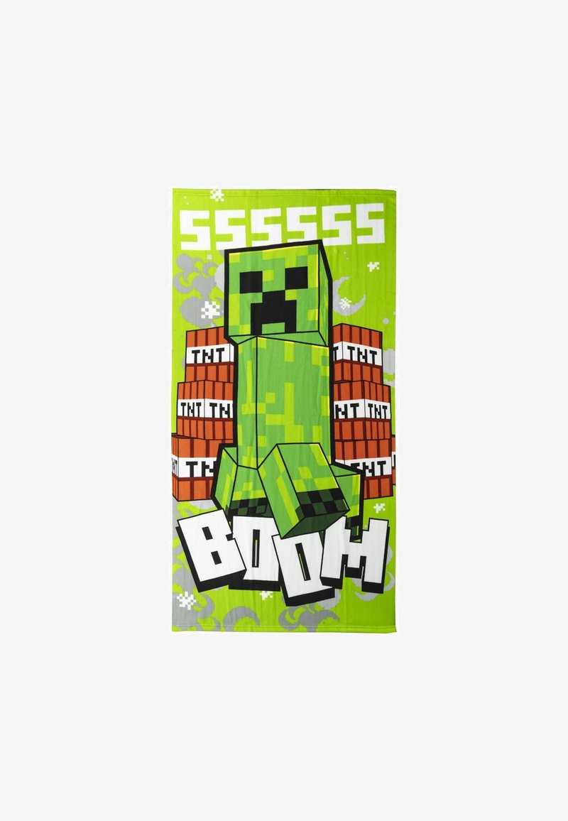 Serviette en coton verte mettant en vedette un personnage de Creeper pixelisé de Minecraft, avec des blocs de TNT et le mot "BOOM" en lettres blanches en gras.