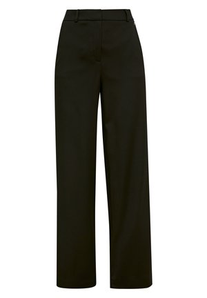 Black V-neck blouse with three-quarter sleeves, paired with high-waisted black wide-leg trousers, featuring a smooth texture and tailored fit.