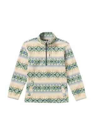 Fleece pullover with high collar, cream base, and multicolored geometric patterns in green and blue. Features half-zip and side pockets.