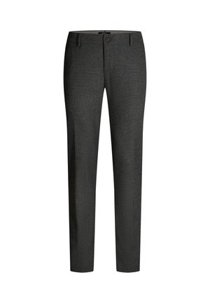 Pantaloni grigi realizzati in tessuto testurizzato. Presentano una chiusura con bottone, passanti per la cintura e un design a gamba dritta. Nessun motivo o accessorio prominente.