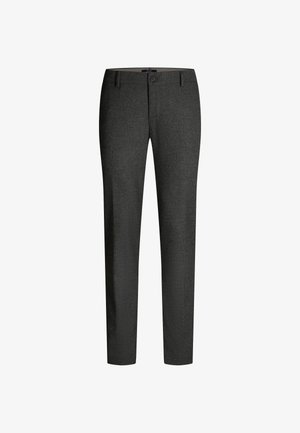 Graue Hosen aus strukturiertem Stoff. Mit Knopfverschluss, Gürtelschlaufen und geradem Beinschnitt. Keine auffälligen Muster oder Akzente.