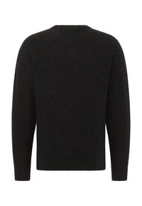 Dunkel gestrickter Pullover mit Fischgrätmuster, rundem Ausschnitt, langen Ärmeln sowie geripptem Saum und Bündchen.