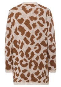 Gebreide cardigan in beige met een bruin luipaardprint. Voorzien van lange mouwen en een ronde hals. Zachte textuur met een ontspannen pasvorm.