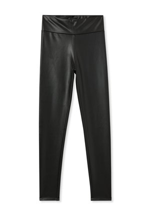 Leggings in ecopelle nera con una vita larga e piatta e una texture liscia. Design a lunghezza intera senza motivi o accessori visibili.