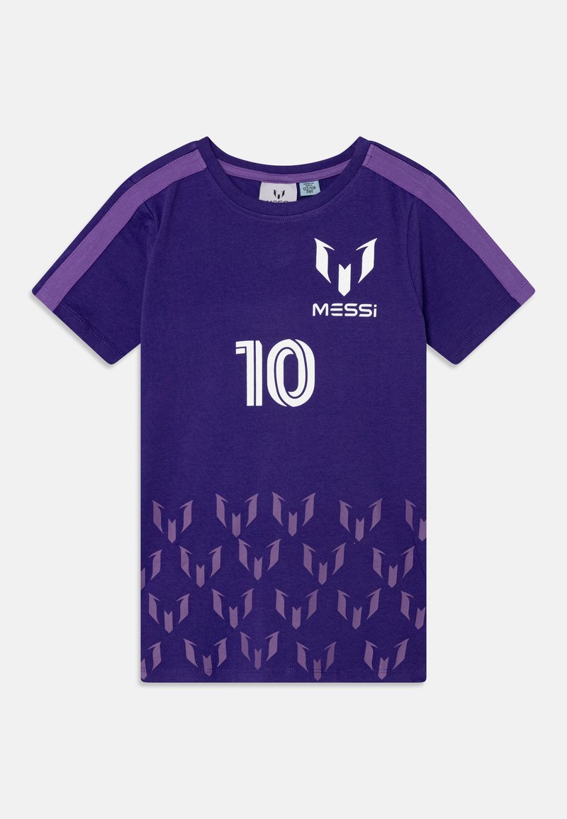 Violet trumpasrankovė marškinėliai su baltais "10" ir "MESSi" grafikos, apatinėje dalyje su logotipų gradientiniu raštu. Medvilnė.