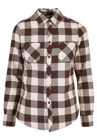 Camicia a scacchi marrone e bianca con chiusura a bottoni, due tasche sul petto e maniche lunghe. Realizzata in un tessuto morbido e leggero.