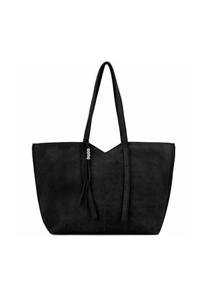 Borsa tote nera con una morbida texture simile alla pelle scamosciata, dotata di manici allungati e una parte superiore a forma di V. Tre dettagli argentati su un lato.