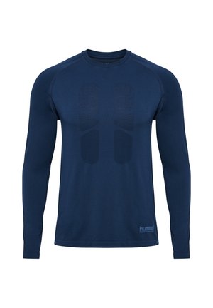 Granatowa, długosleeve'owa koszulka sportowa wykonana z gładkiego materiału. Posiada okrągły dekolt i subtelny, teksturowany wzór z przodu.