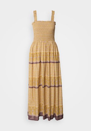 Gelbes, blumiges Maxikleid mit gerafftem Oberteil, Rüsche-Trägern und kontrastierendem braunen Band am Saum. Leichter, fließender Stoff.