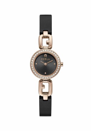 Zegarek na rękę Furla z czarnym skórzanym paskiem, okrągłą kopertą w kolorze różowego złota ozdobioną kryształami, czarną tarczą z wzorem oraz minimalistycznymi wskazówkami w kolorze różowego złota.