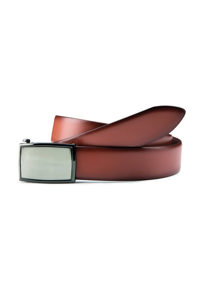 Brown leather belt with a smooth texture, featuring a rectangular metallic buckle with a brushed finish and a sleek design.