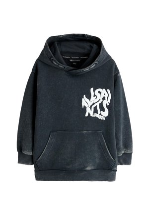 Sort vasket hættetrøje med frontlomme og hvidt forvrænget "AllSaints London"-logo på venstre bryst, med snører i hætten.